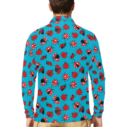 Ladybug Action Print Pattern Long Sleeve Polo Shirt For Men's