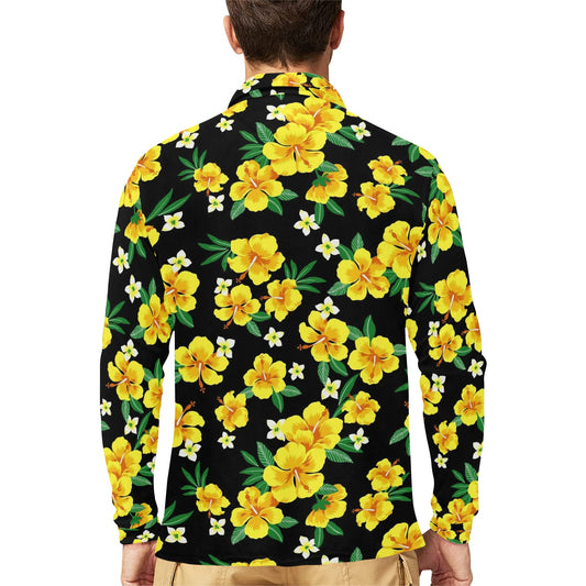 Yellow Hibiscus Pattern Print Design HB08 Long Sleeve Polo Shirt For Men's