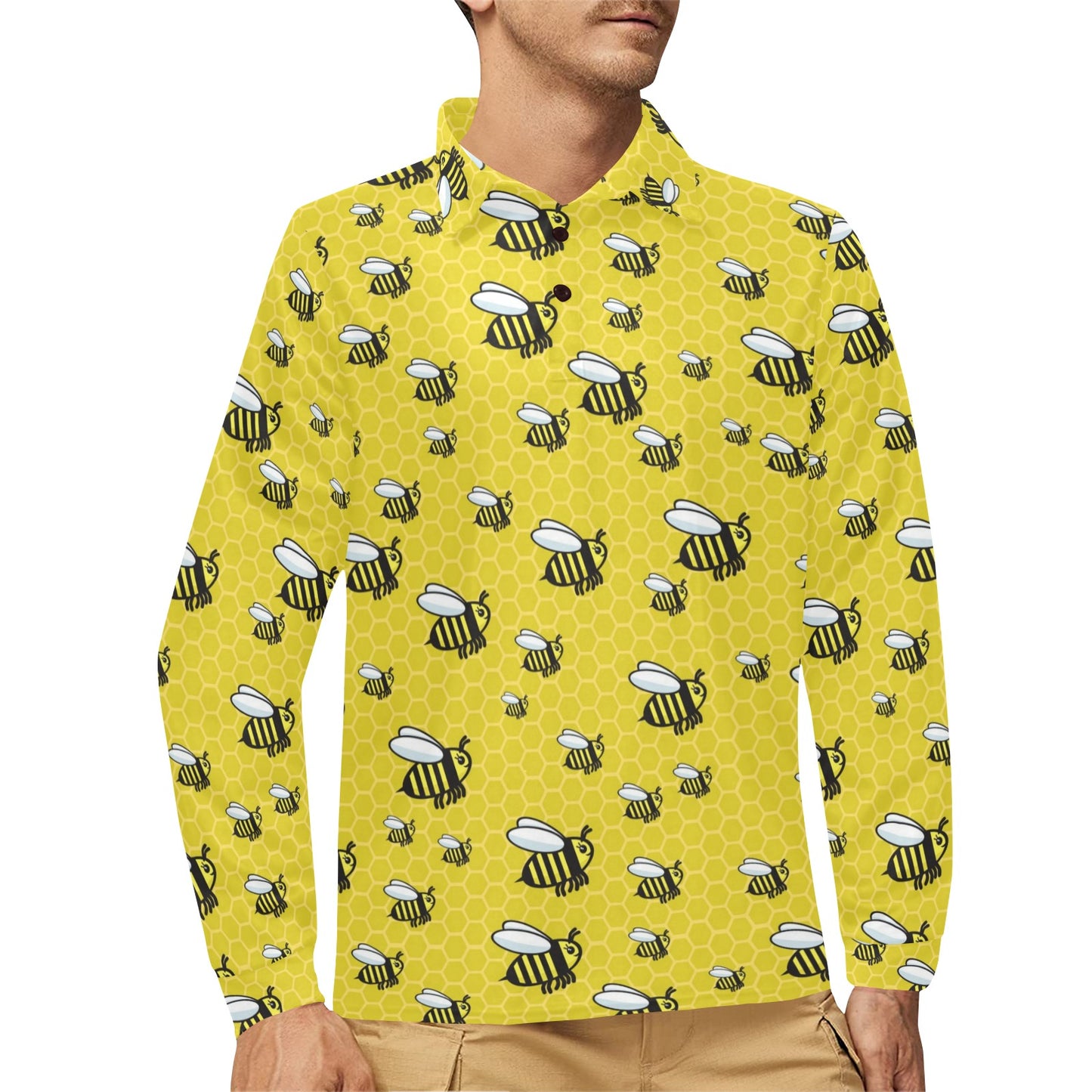 Bee Cute Print Design LKS308 Long Sleeve Polo Shirt For Men's