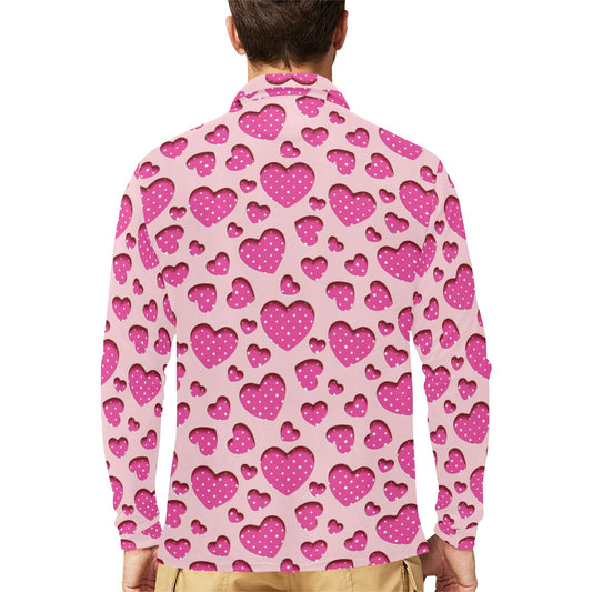 Heart Pink Pattern Print Design HE06 Long Sleeve Polo Shirt For Men's