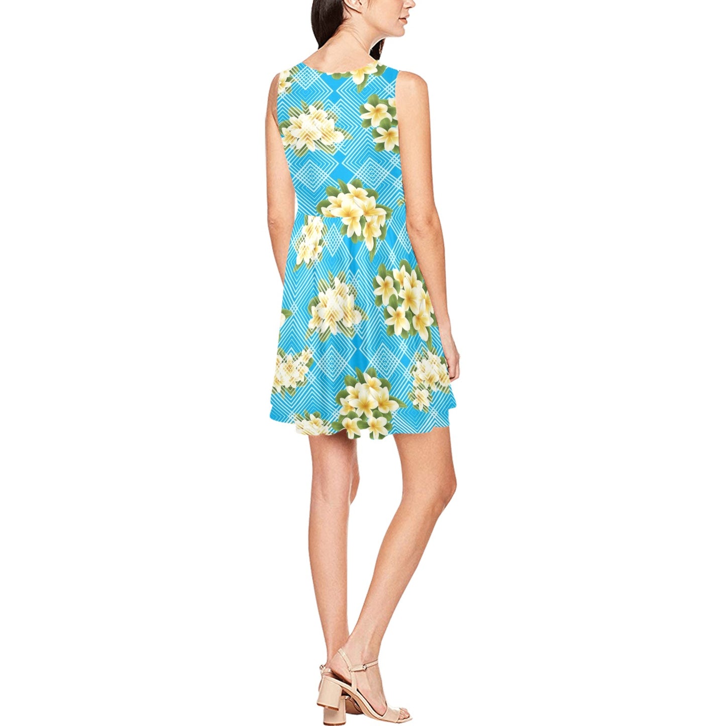 Yellow Plumeria Design Print Pattern Sleeveless Dress