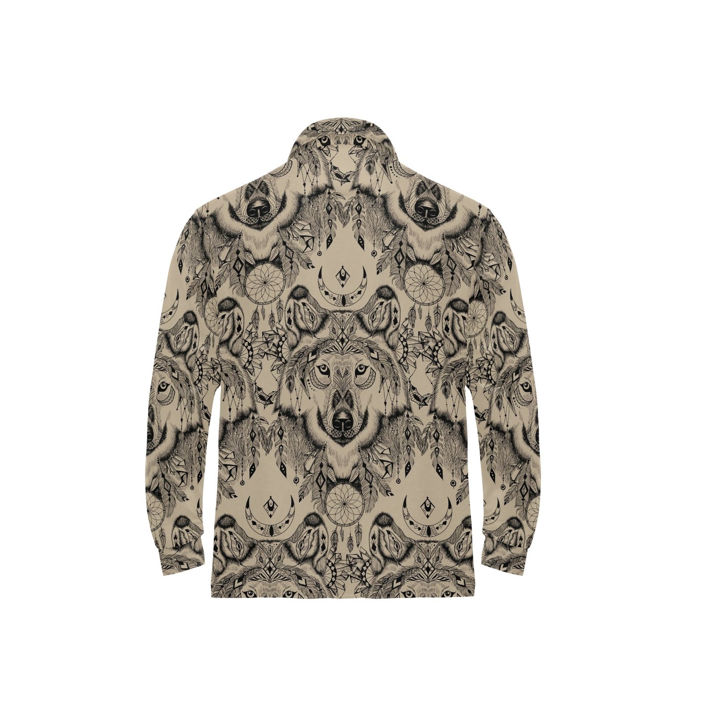 Indian Boho Wolf Long Sleeve Polo Shirt For Men's