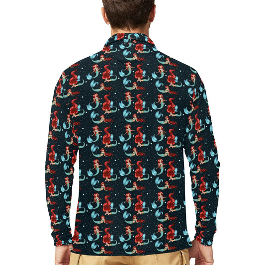 Mermaid Girl Themed Design Print Long Sleeve Polo Shirt For Men's