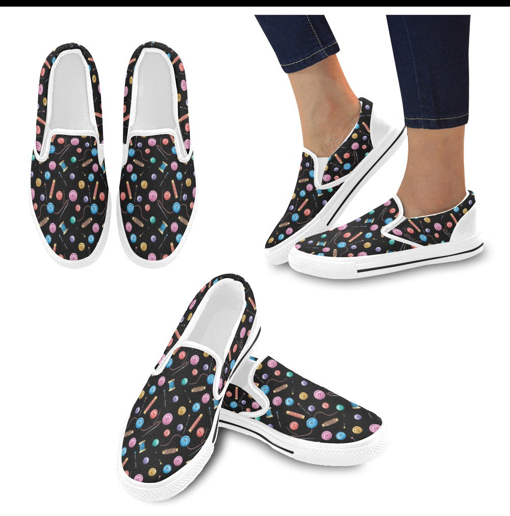 Sewing Print Design LKS309 White Slip Ons Canvas Women's Shoes