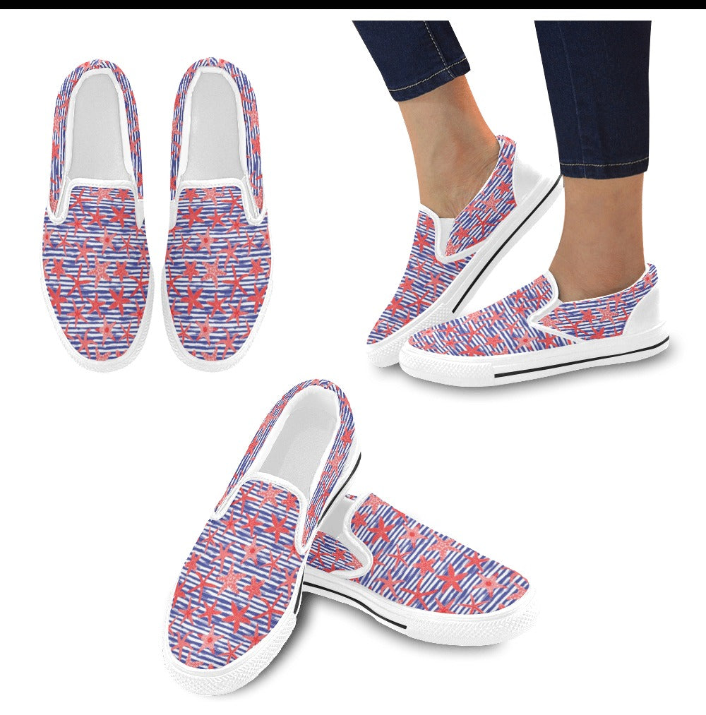 Starfish Print Design LKS401 White Slip Ons Canvas Women's Shoes