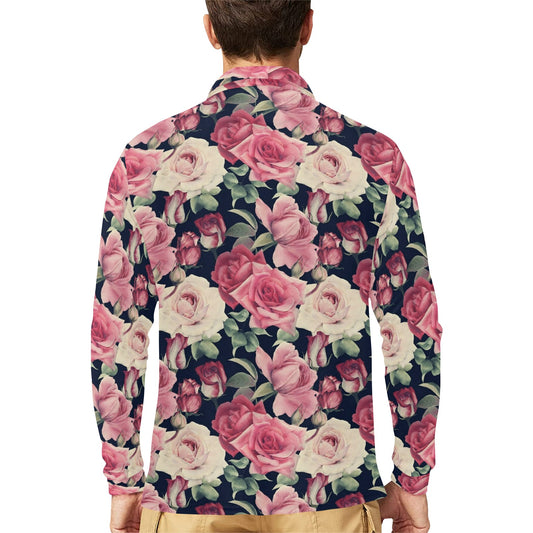Rose Pattern Print Design RO05 Long Sleeve Polo Shirt For Men's