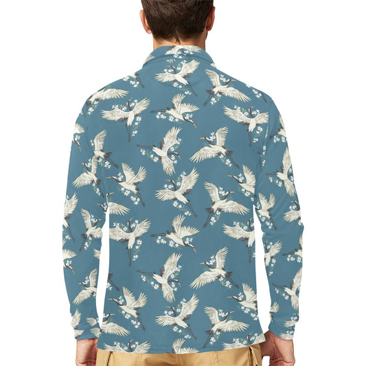 Crane Pattern Print Design 02 Long Sleeve Polo Shirt For Men's