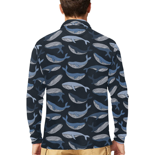 Whale Print Design LKS301 Long Sleeve Polo Shirt For Men's