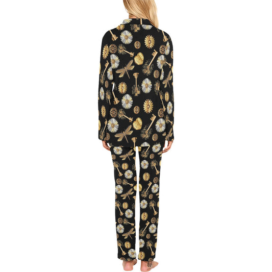 Steampunk Dragonfly Design Themed Print Women's Long Pajama Set