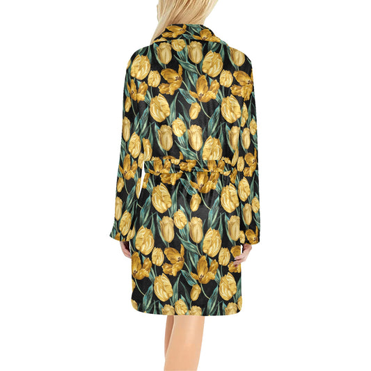 Elegant Yellow Tulip Print Women's Fleece Robe