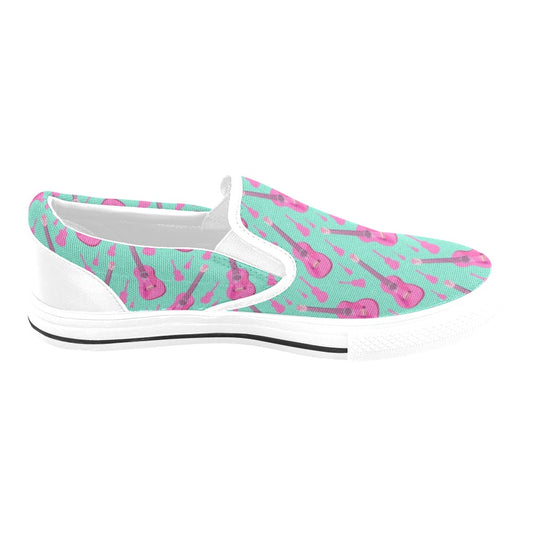 Acoustic Guitar Print Design LKS405 White Slip Ons Canvas Women's Shoes
