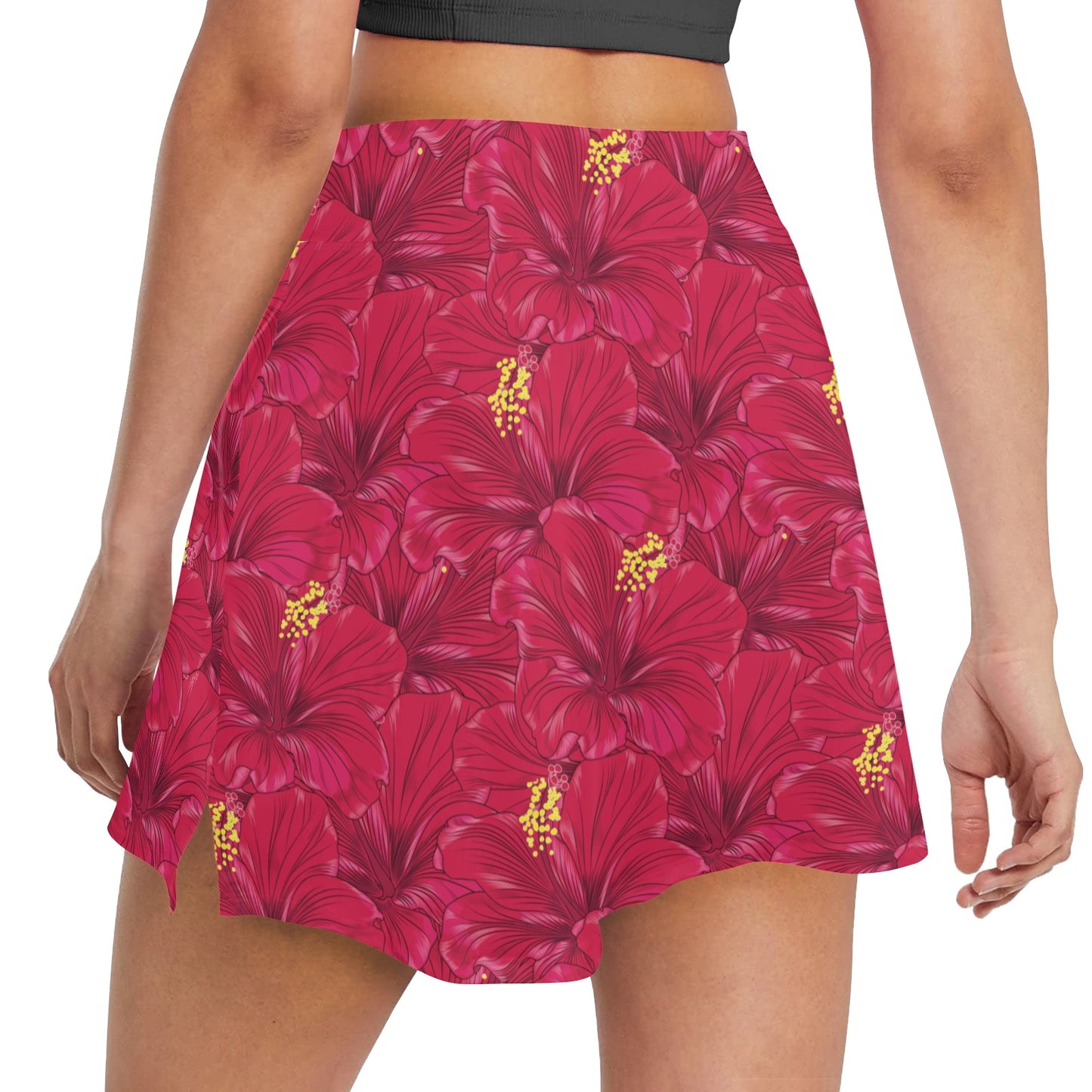 Hibiscus Red Pattern Print LKS308 Women's Golf Skirt with Pocket