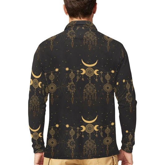 Sun Moon Boho Style Long Sleeve Polo Shirt For Men's