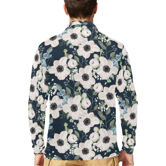 Anemone Pattern Print Design AM02 Long Sleeve Polo Shirt For Men's