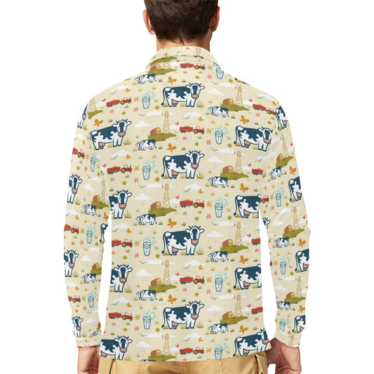Cow Farm Design Print Long Sleeve Polo Shirt For Men's