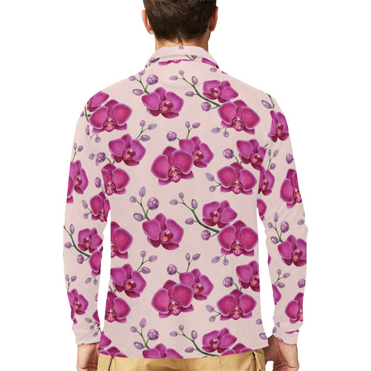 Orchid Purple Pattern Print Design OR04 Long Sleeve Polo Shirt For Men's