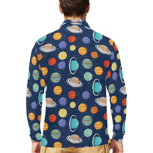 Planet With Star Print Design LKS303 Long Sleeve Polo Shirt For Men's