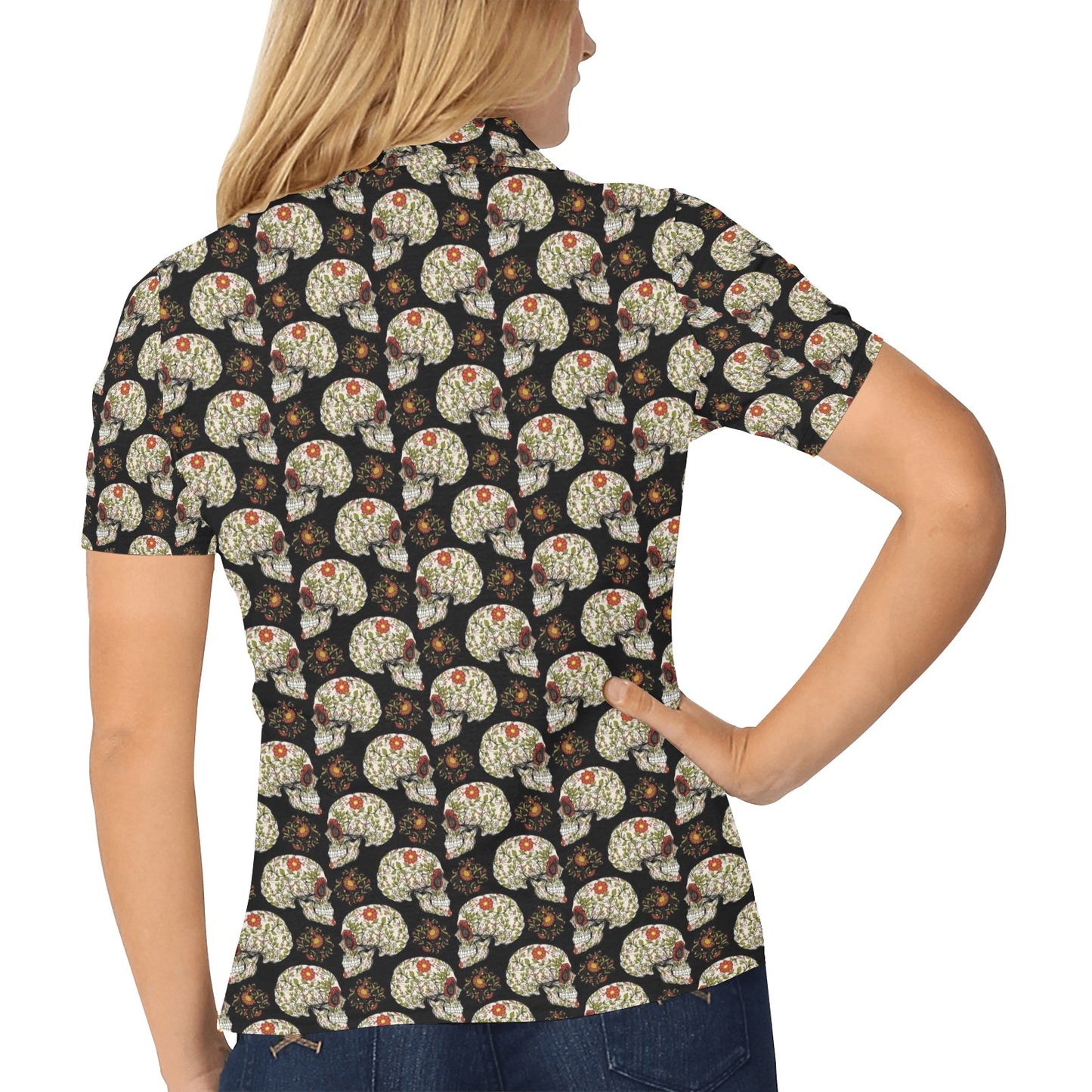 Sugar Skull Flower Design Themed Print Women's Polo Shirt