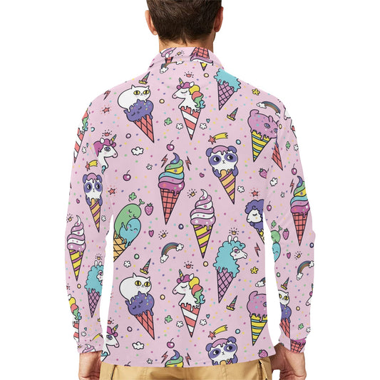 Ice Cream Pattern Print Design IC05 Long Sleeve Polo Shirt For Men's
