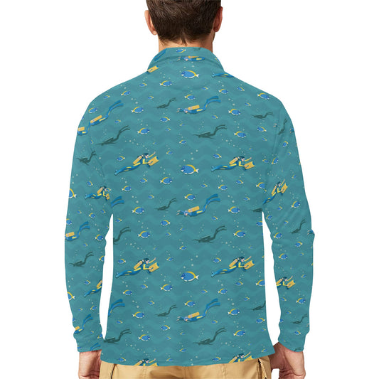 Scuba Driving Pattern Print Design LKS306 Long Sleeve Polo Shirt For Men's