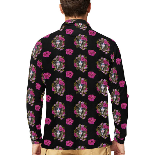 Day of the Dead Makeup Girl Long Sleeve Polo Shirt For Men's