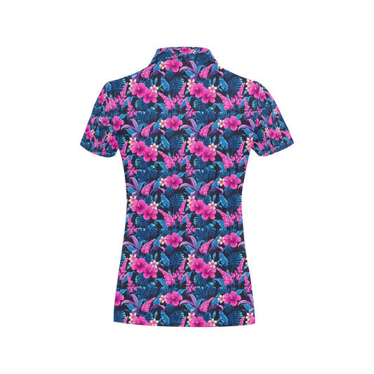 Tropical Folower Pink Themed Print Women's Polo Shirt
