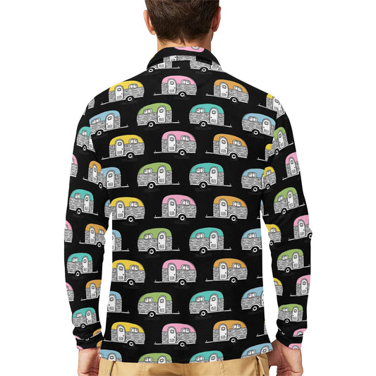 Camper Pattern Camping Themed No 2 Print Long Sleeve Polo Shirt For Men's