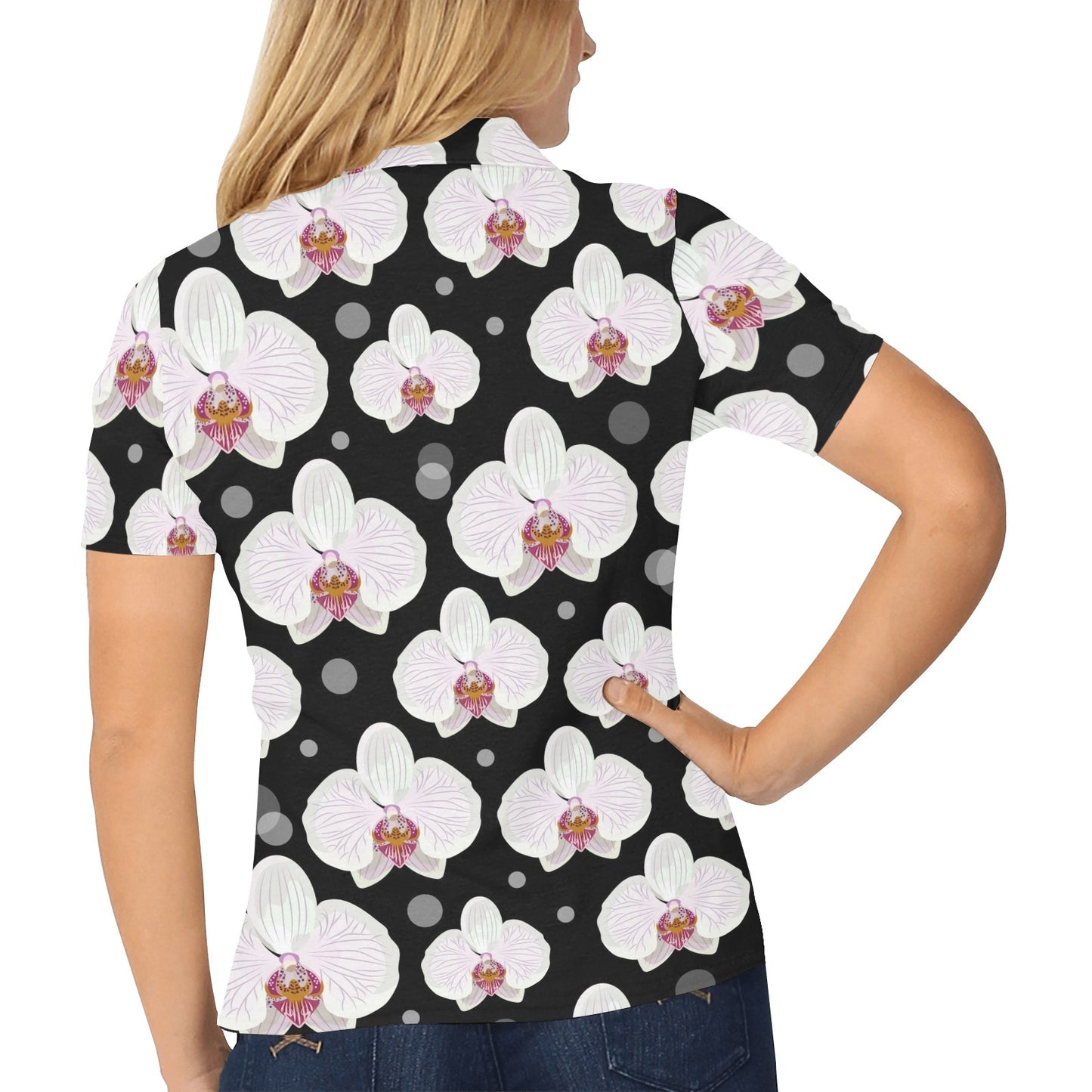 Orchid White Pattern Print Design OR09 Women's Polo Shirt