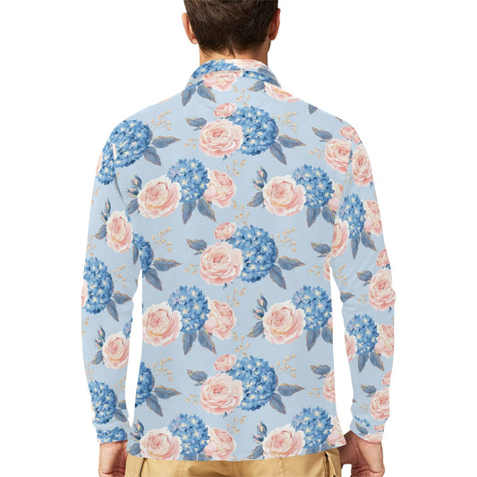 Hydrangea Pattern Print Design HD06 Long Sleeve Polo Shirt For Men's
