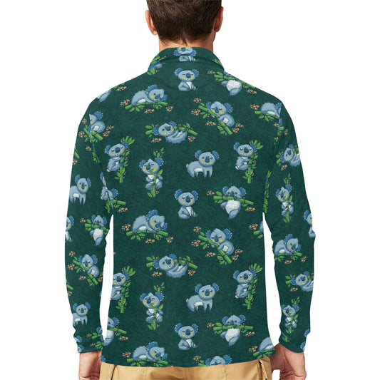 Koala Blue Design Print Long Sleeve Polo Shirt For Men's
