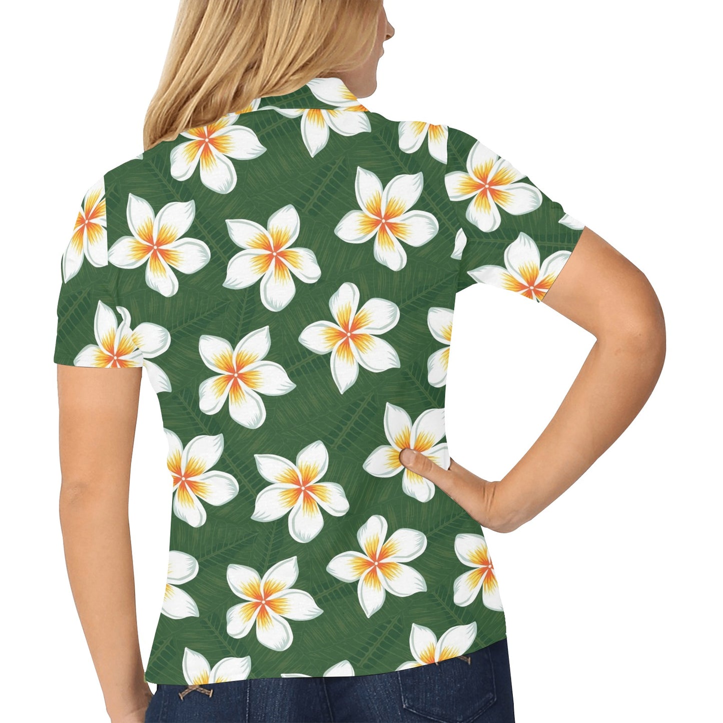 White Plumeria Pattern Print Design PM020 Women's Polo Shirt