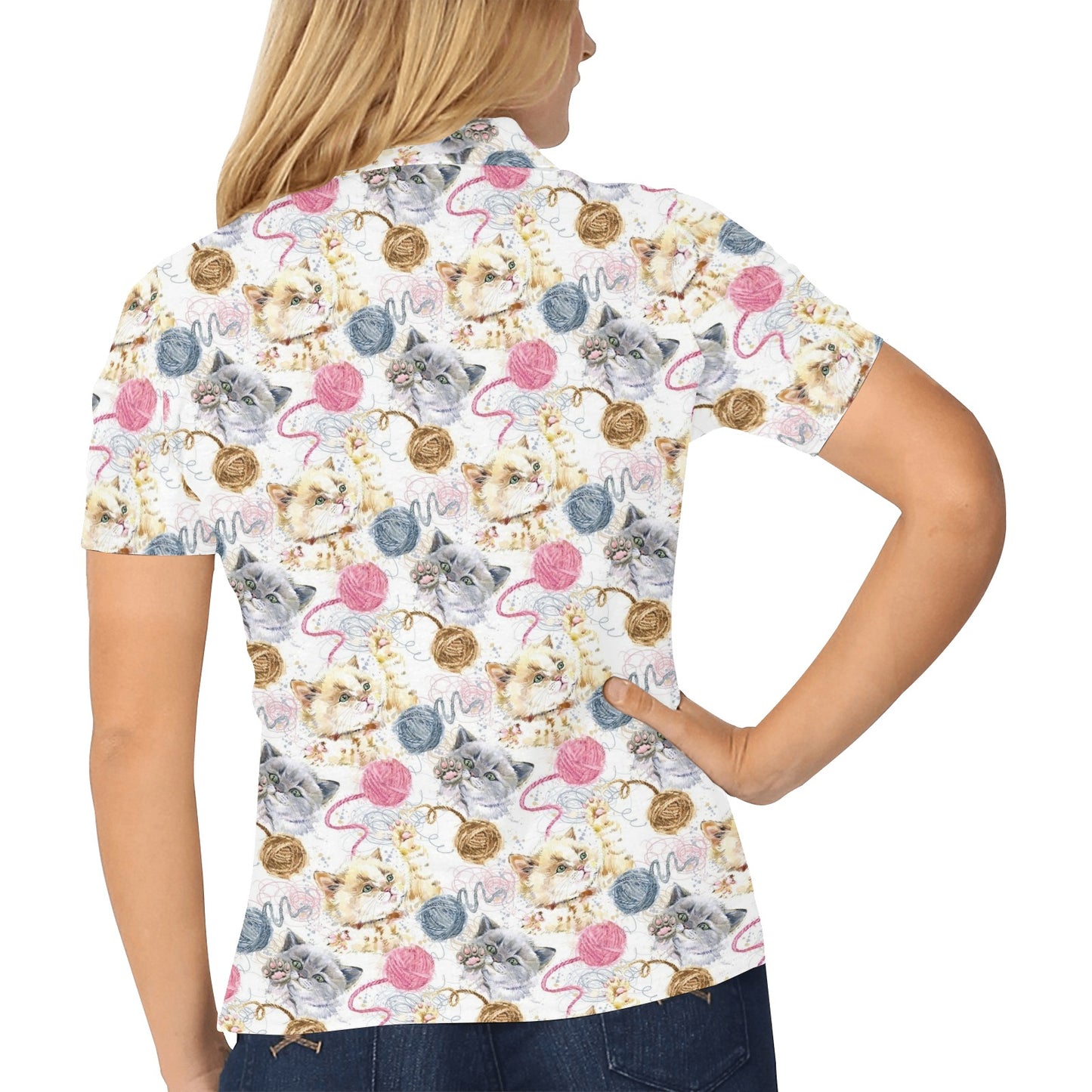 Cat Playing Yarn Pattern Print Design 07 Women's Polo Shirt