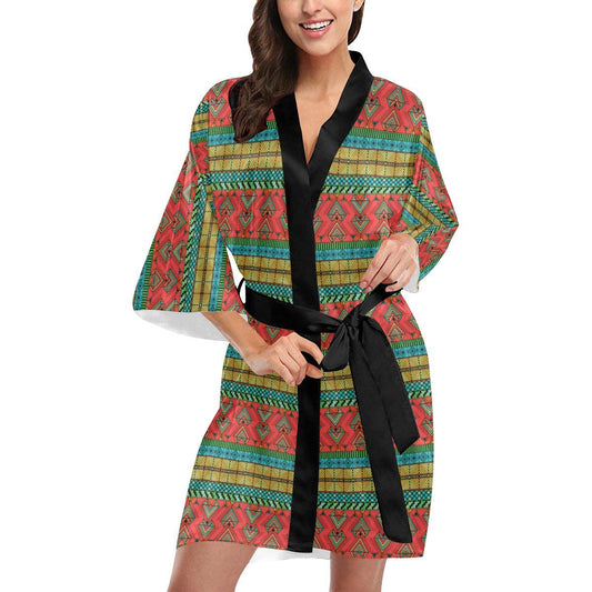 African Colorful Zigzag Print Pattern Women Short Kimono Robe