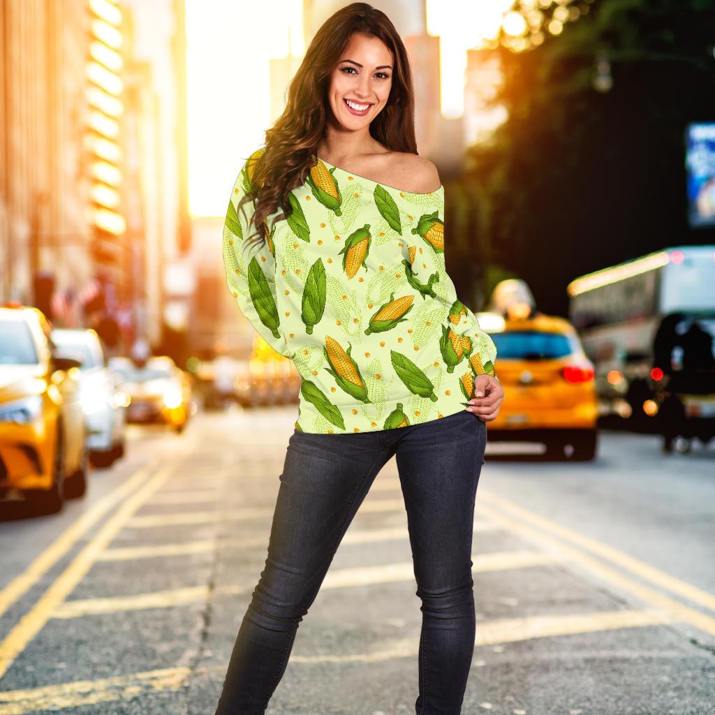 Agricultural Fresh Corn Cob Print Pattern Off Shoulder Sweatshirt