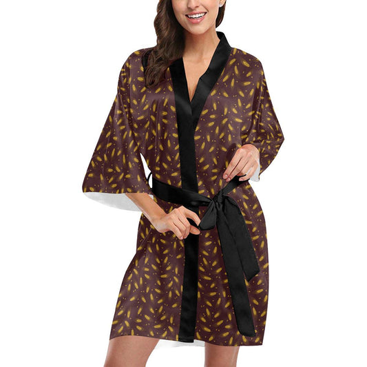 Agricultural Gold Wheat Print Pattern Women Short Kimono Robe