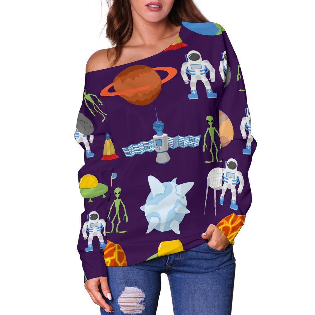 Alien Astronaut Planet Off Shoulder Sweatshirt