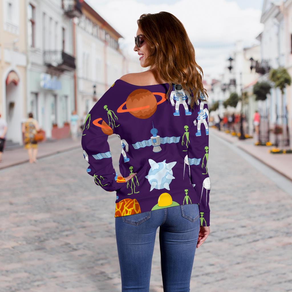 Alien Astronaut Planet Off Shoulder Sweatshirt