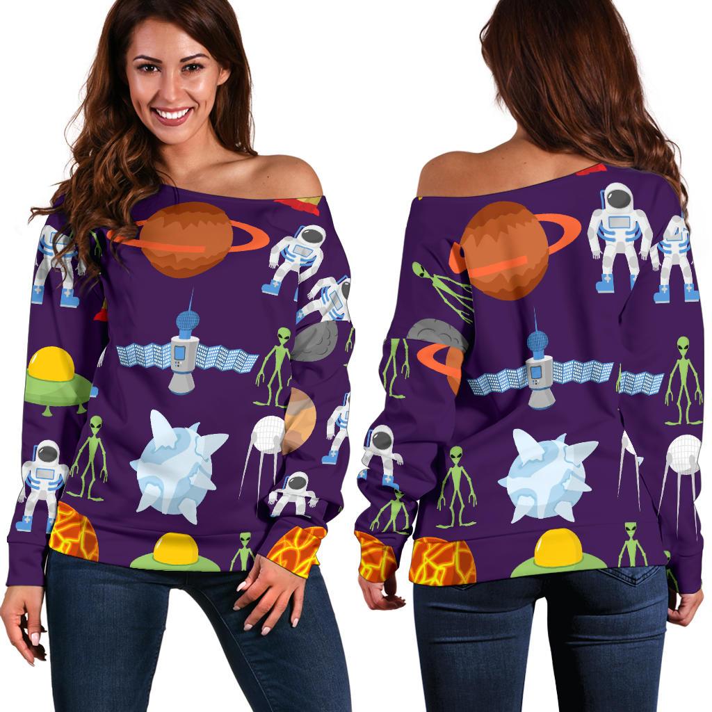 Alien Astronaut Planet Off Shoulder Sweatshirt