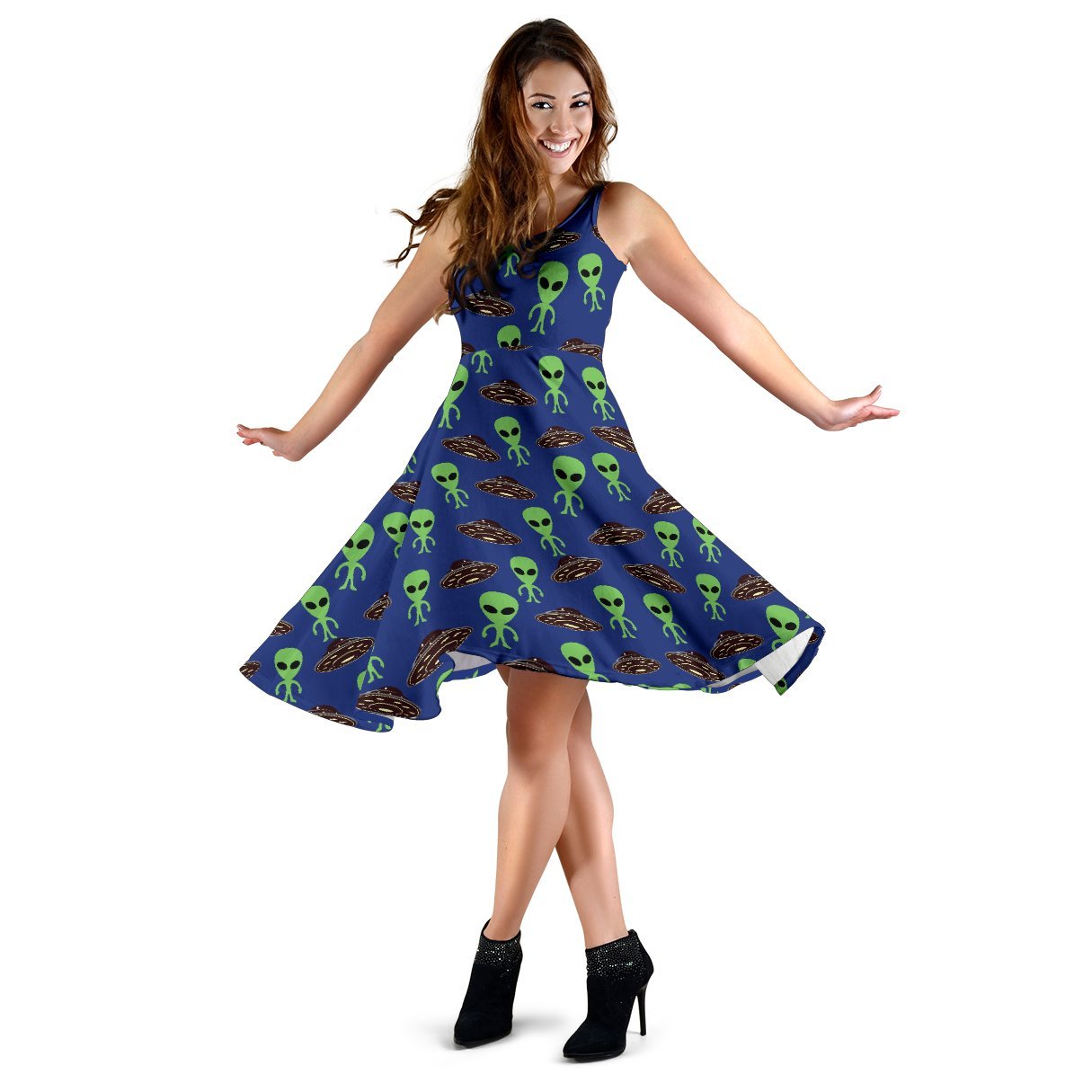 Alien Green UFO Pattern Sleeveless Dress