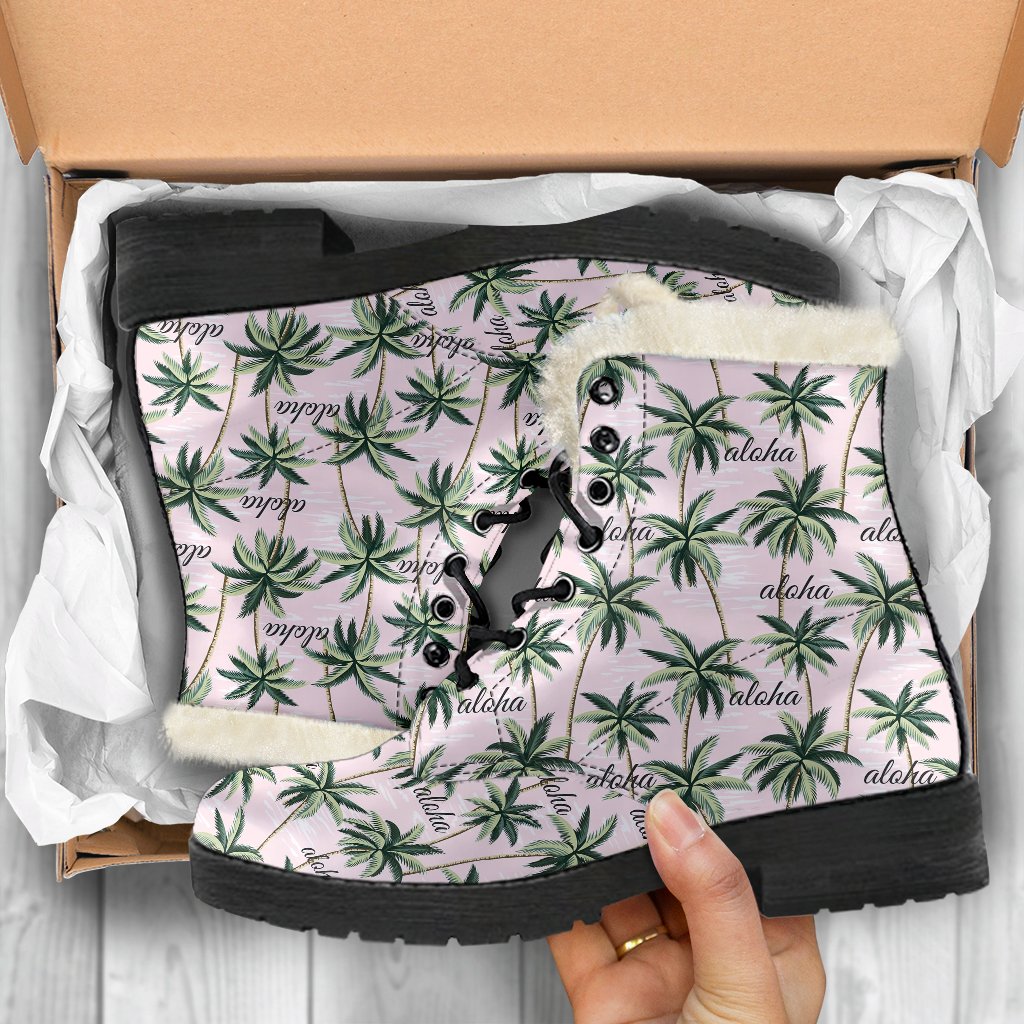Aloha Beach Pattern Design Themed Print Faux Fur Leather Boots-JTAMIGO.COM