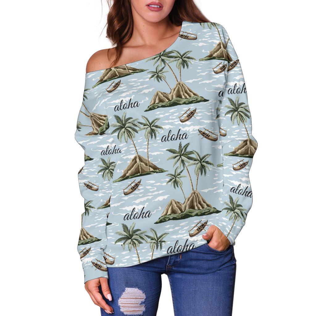 Aloha Hawaii Island Design Themed Print Off Shoulder Sweatshirt