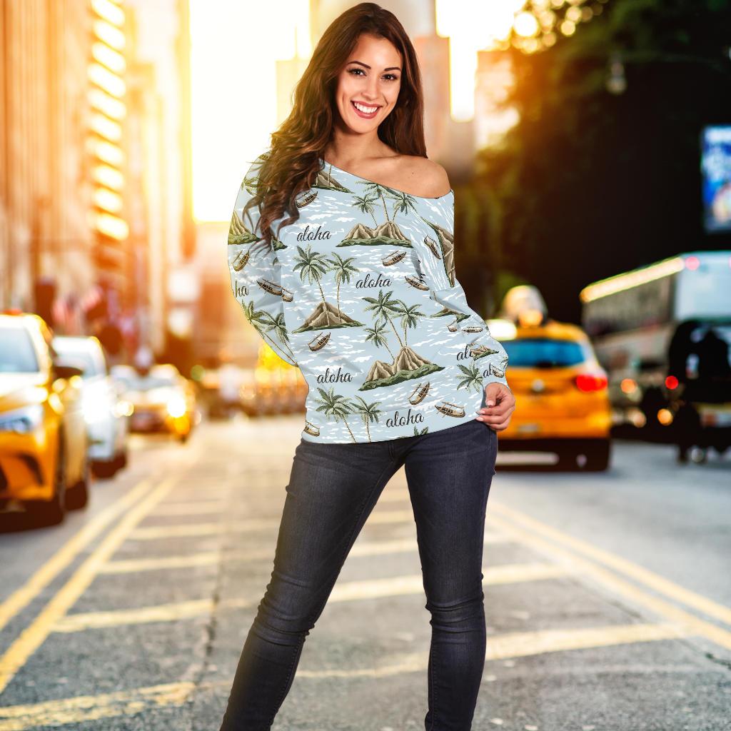 Aloha Hawaii Island Design Themed Print Off Shoulder Sweatshirt