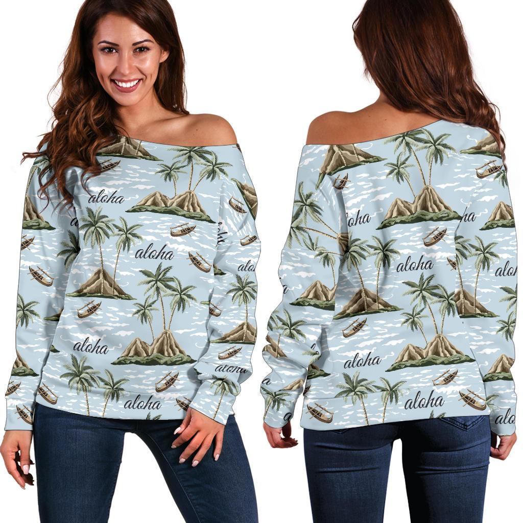 Aloha Hawaii Island Design Themed Print Off Shoulder Sweatshirt