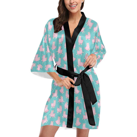 Alpaca Cartoon Design Themed Print Women Short Kimono Robe