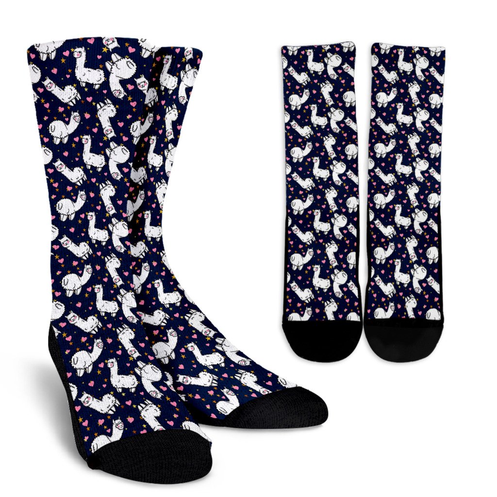 Alpaca Heart Star Design Themed Print Crew Socks