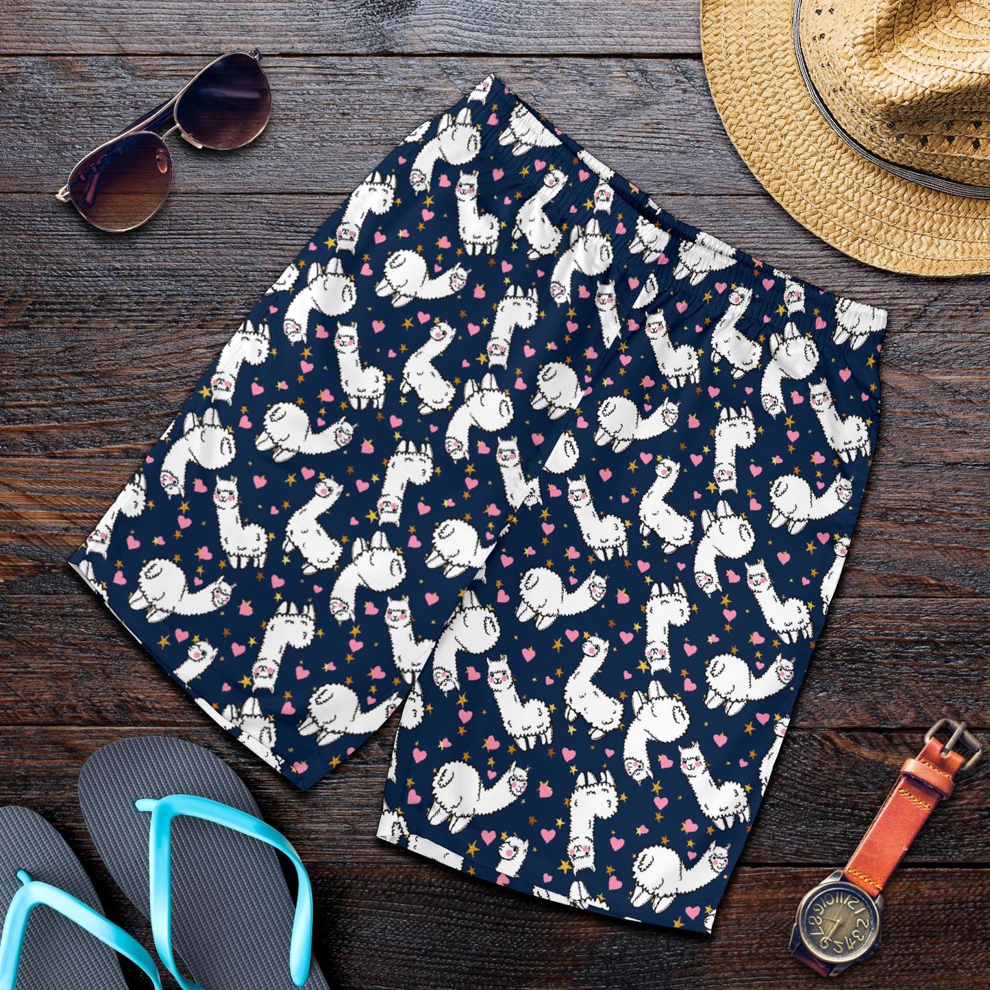 Alpaca Heart Star Design Themed Print Mens Shorts-JTAMIGO.COM