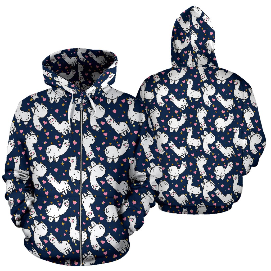 Alpaca Heart Star Design Themed Print Zip Up Hoodie