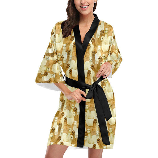 Alpaca Watercolor Design Themed Print Women Short Kimono Robe