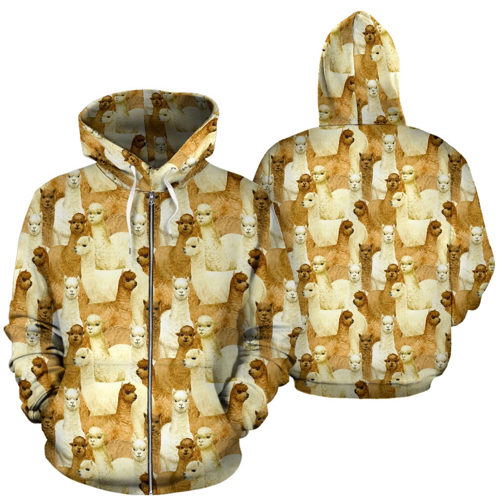 Alpaca Watercolor Design Themed Print Zip Up Hoodie