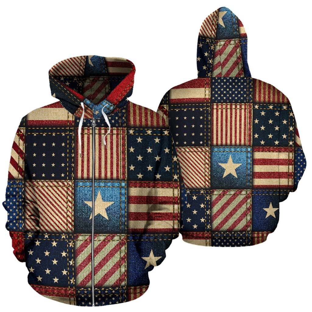 American Flag Patchwork Design Zip Up Hoodie
